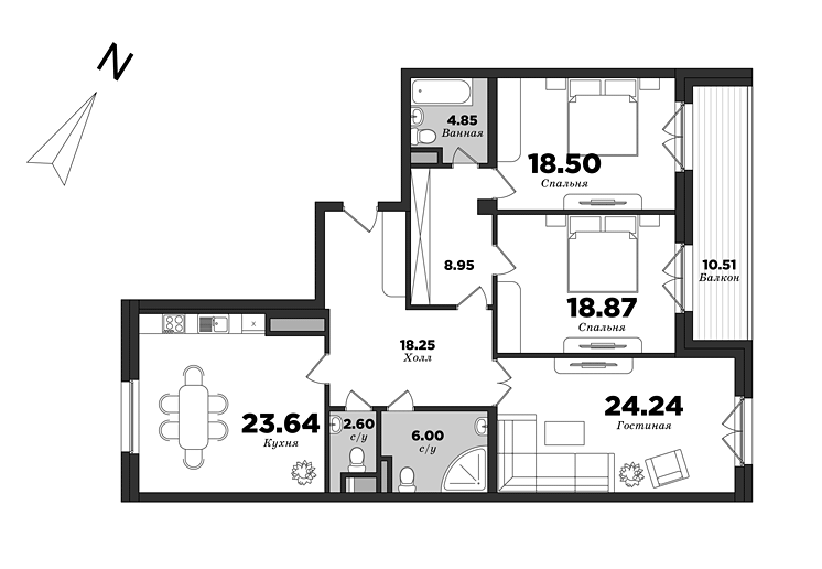 Krestovskiy De Luxe, Building 8, 3 bedrooms, 131.16 m² | planning of elite apartments in St. Petersburg | М16